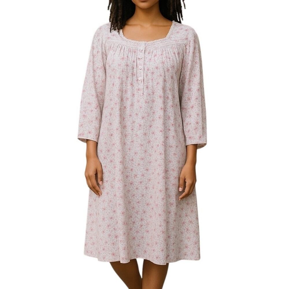 Eileen West White Cotton Pink Floral Lace Nightgown